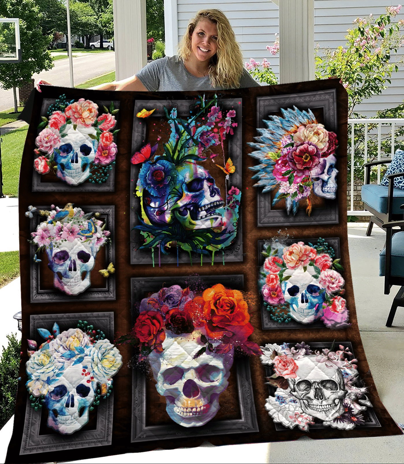 Skull Floral Skull Quilt Blanket DHC3112546TD