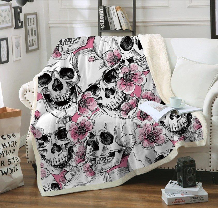 Skull Flower Color Sherpa Fleece Blanket