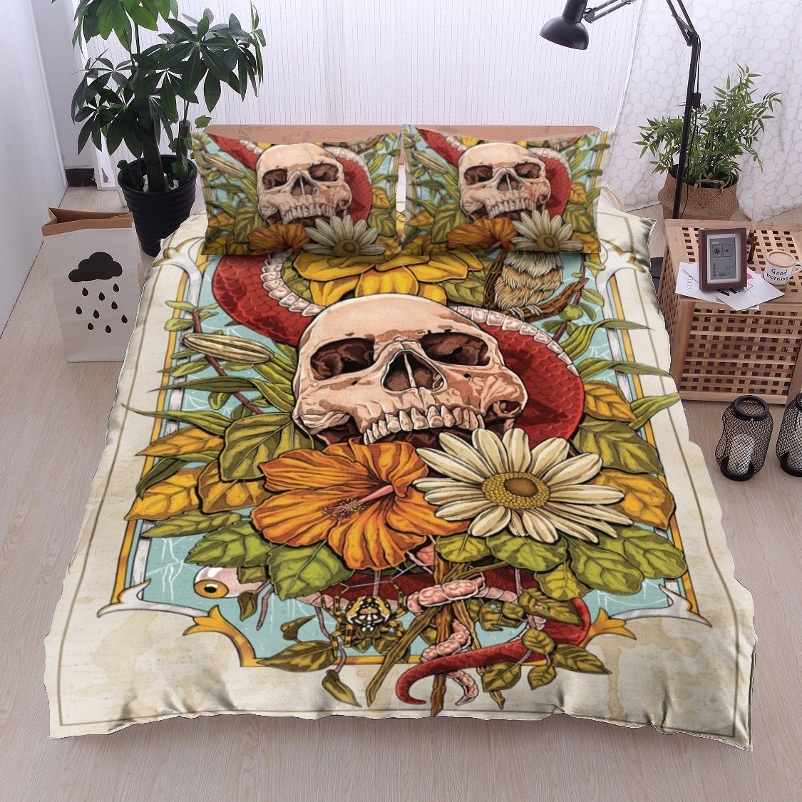 Skull Flower Snake And Bird Bedding Set