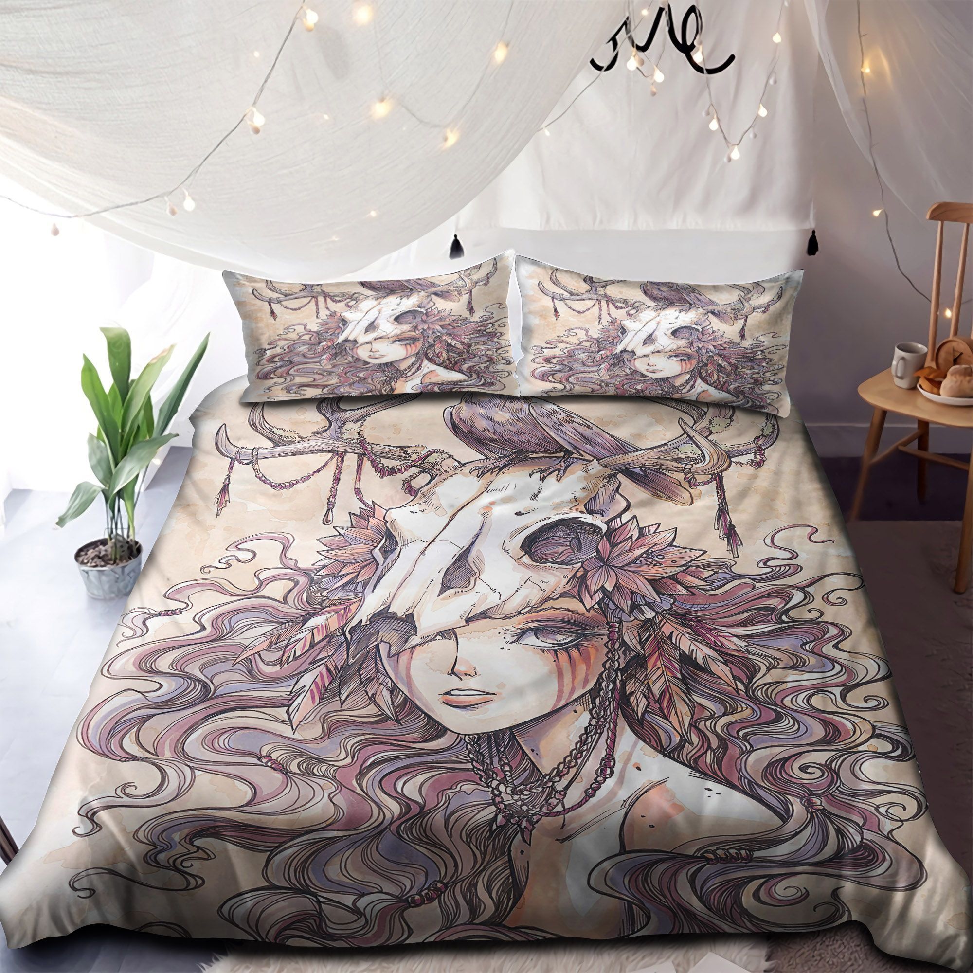Skull Girl And Bird Bedding Set