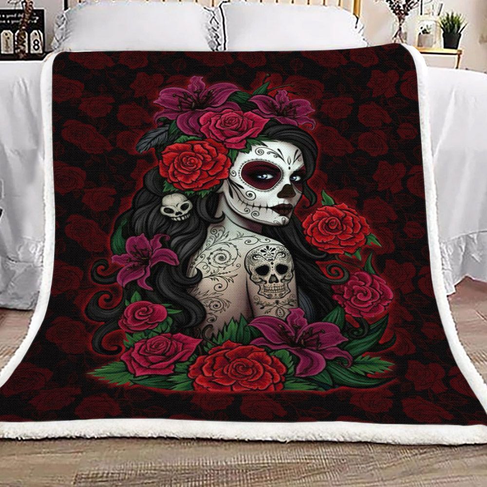 Skull Girl And Roses Sherpa Fleece Blanket