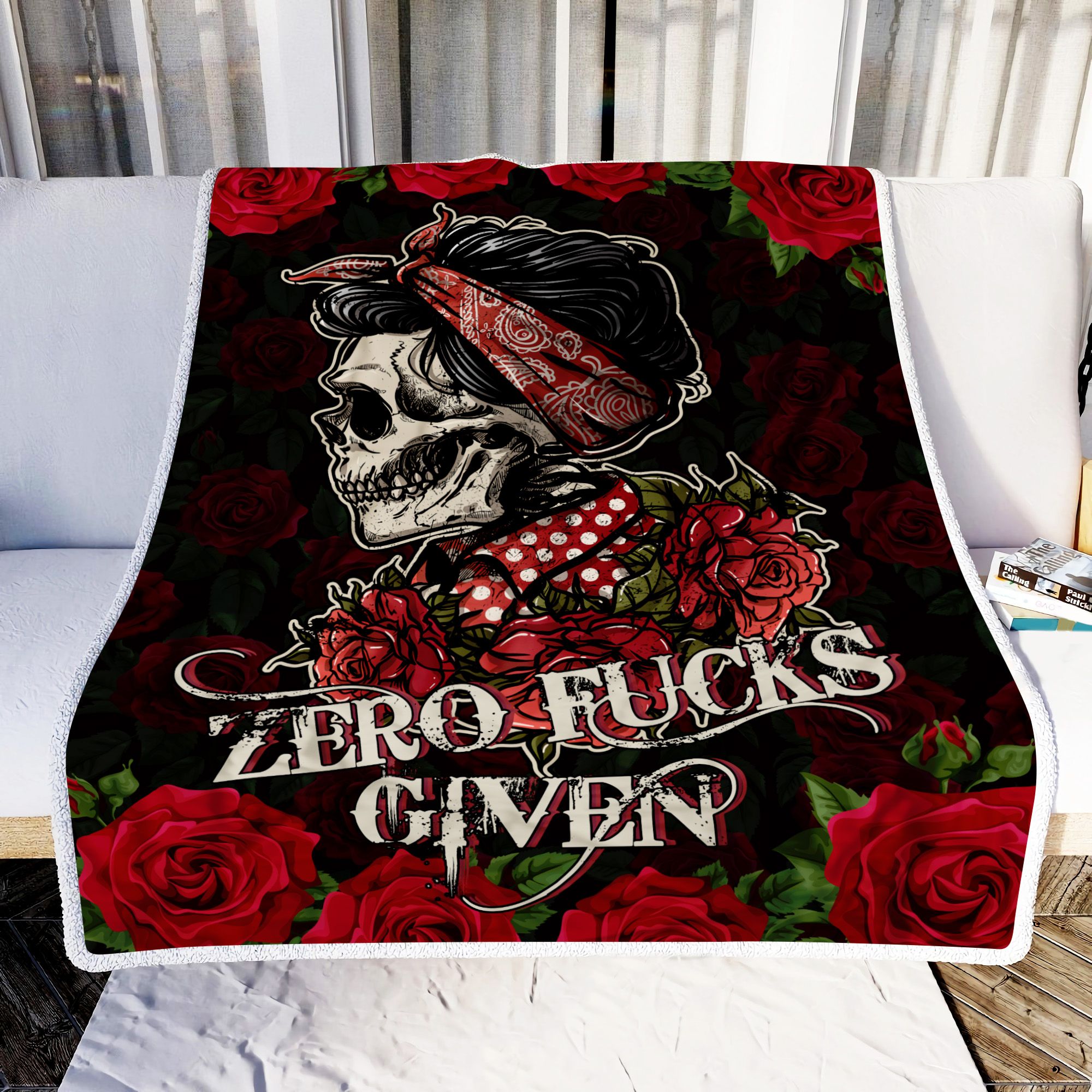 Skull Girl Zero Fucks Given Fleece Blanket