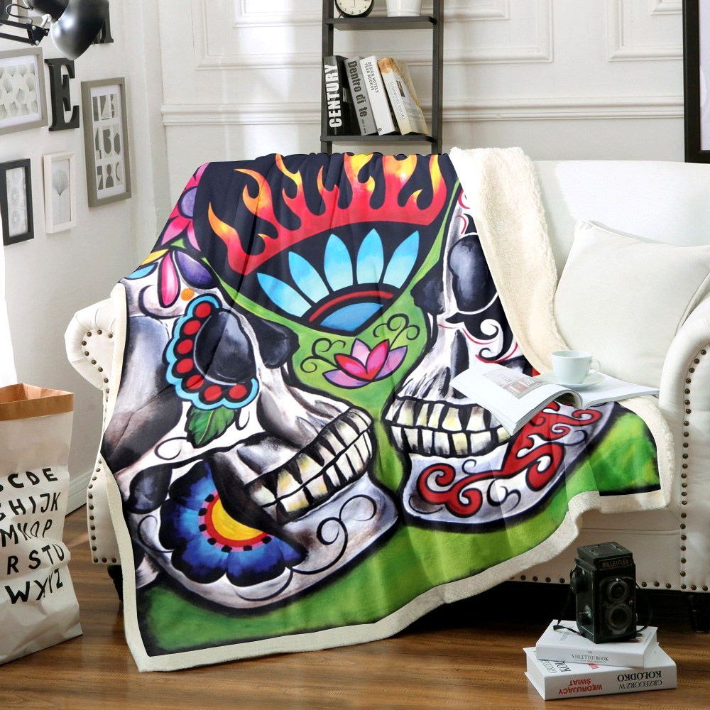 Skull Green Sherpa Fleece Blanket