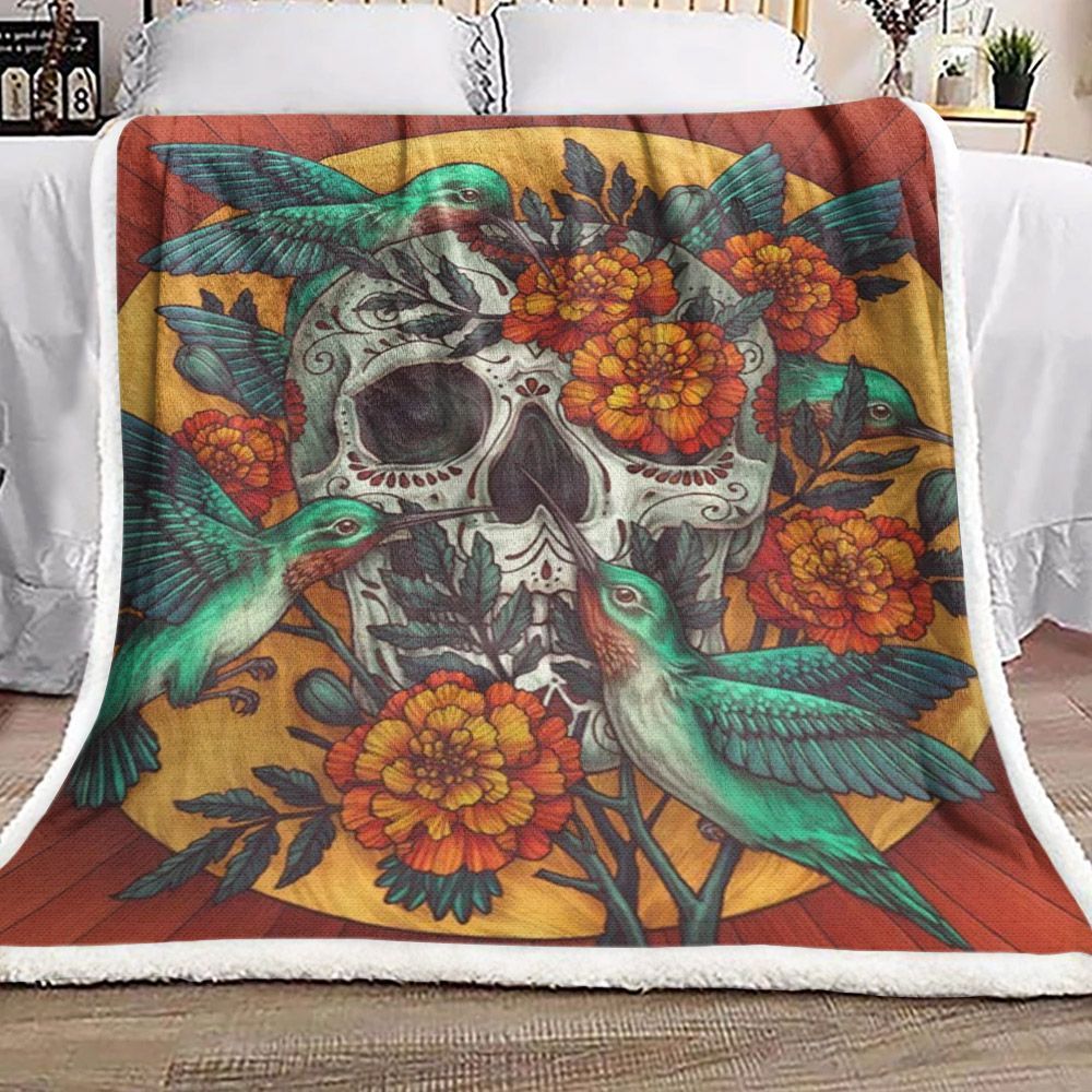 Skull Hummingbird Sherpa Fleece Blanket
