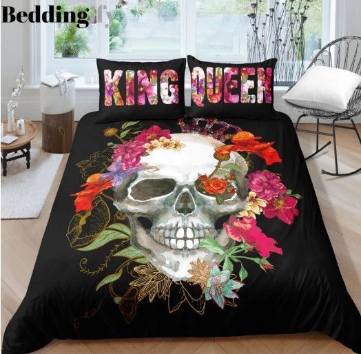 Skull King Queen Flower Bedding Set