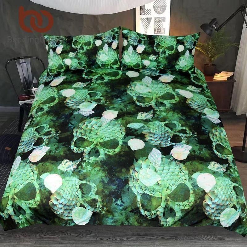 Skull Marine Shells Green Squama Printed Bedding Set