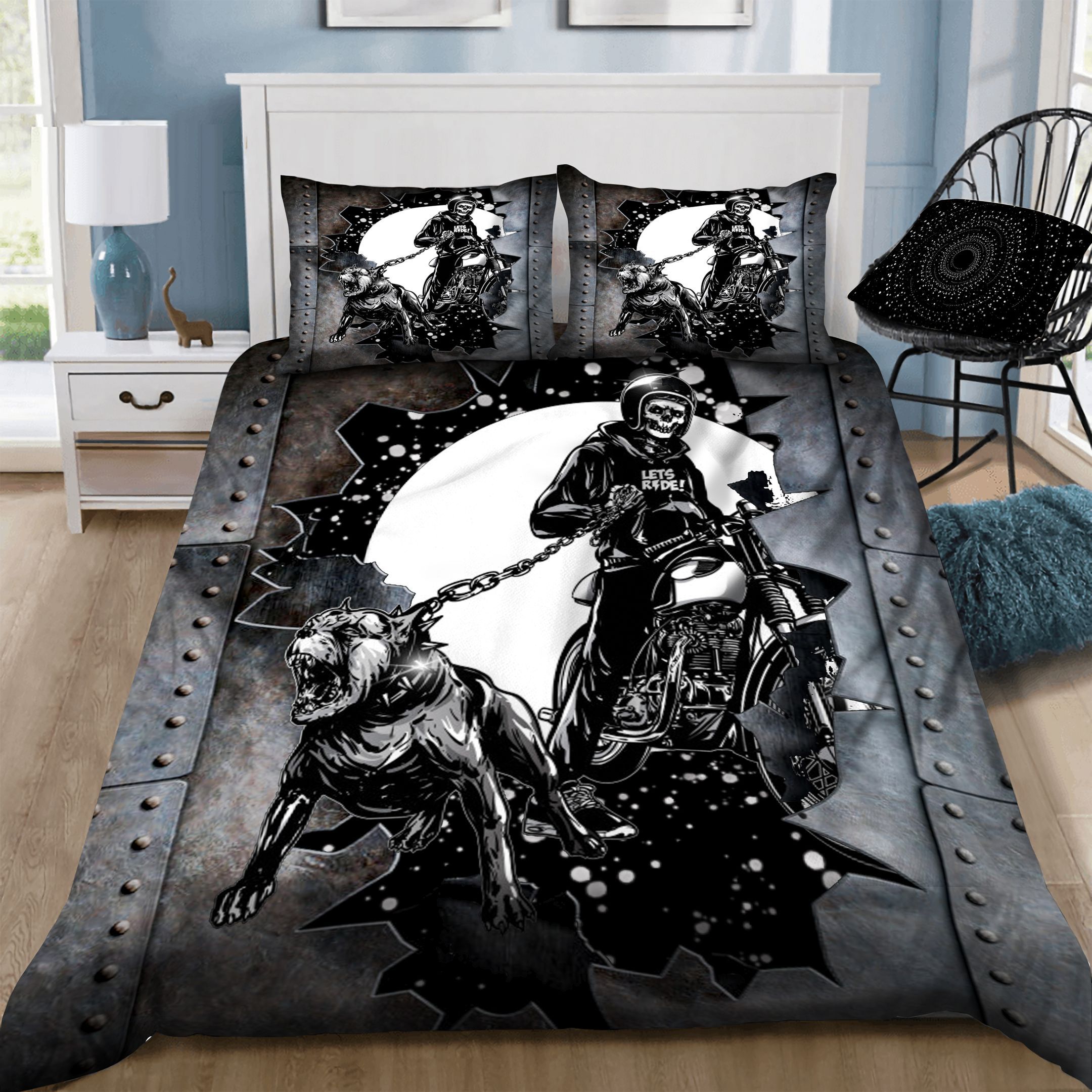 Skull Motocrycle BitBull  Bedding Set