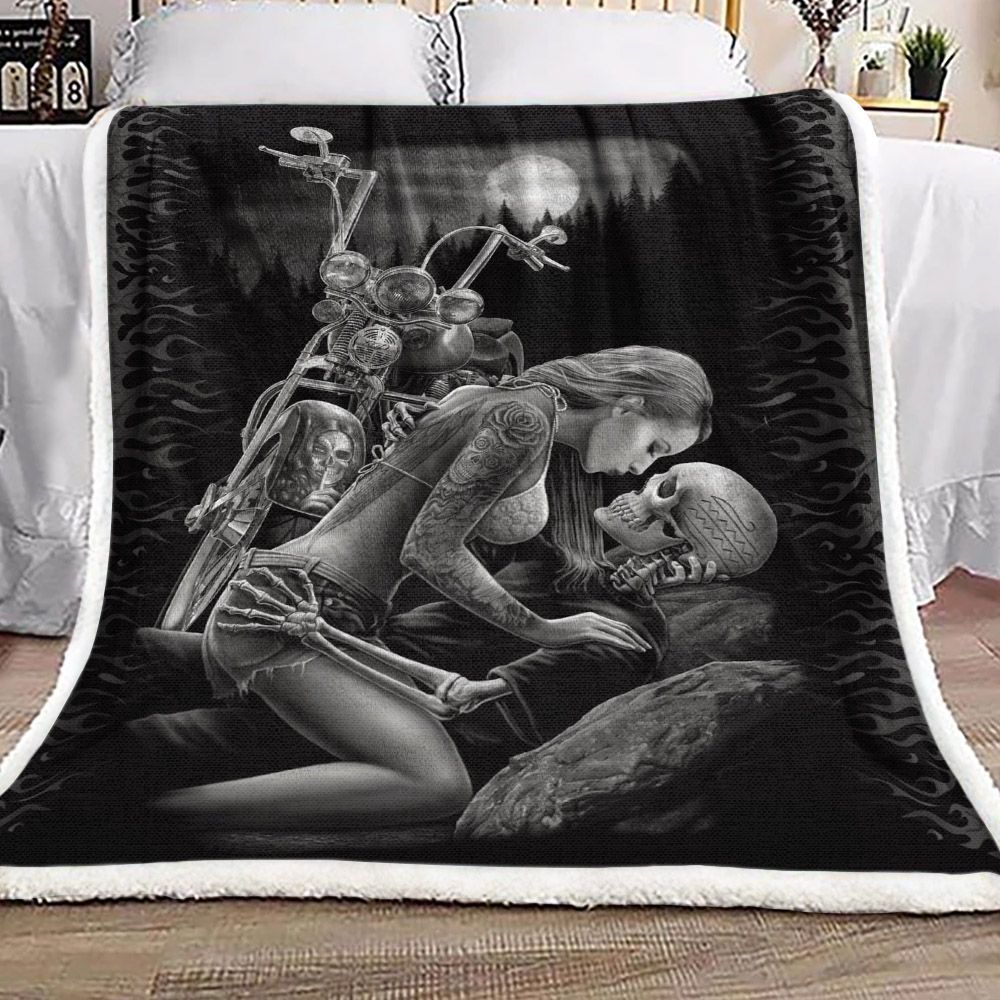 Skull Motorcycle Girl Sherpa Fleece Blanket