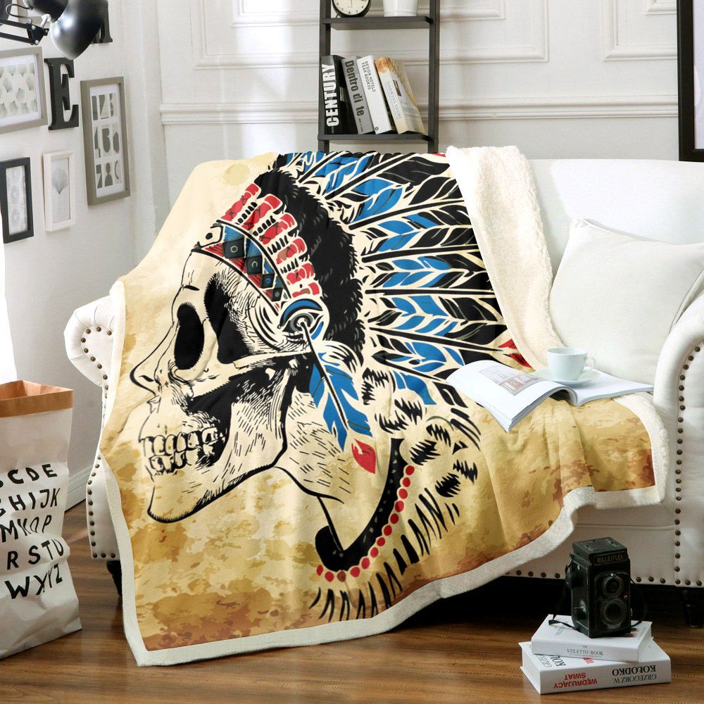 Skull Native American Sherpa Fleece Blanket