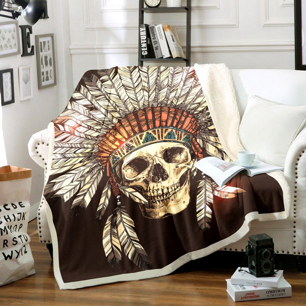 Skull Native American Sherpa Fleece Blanket