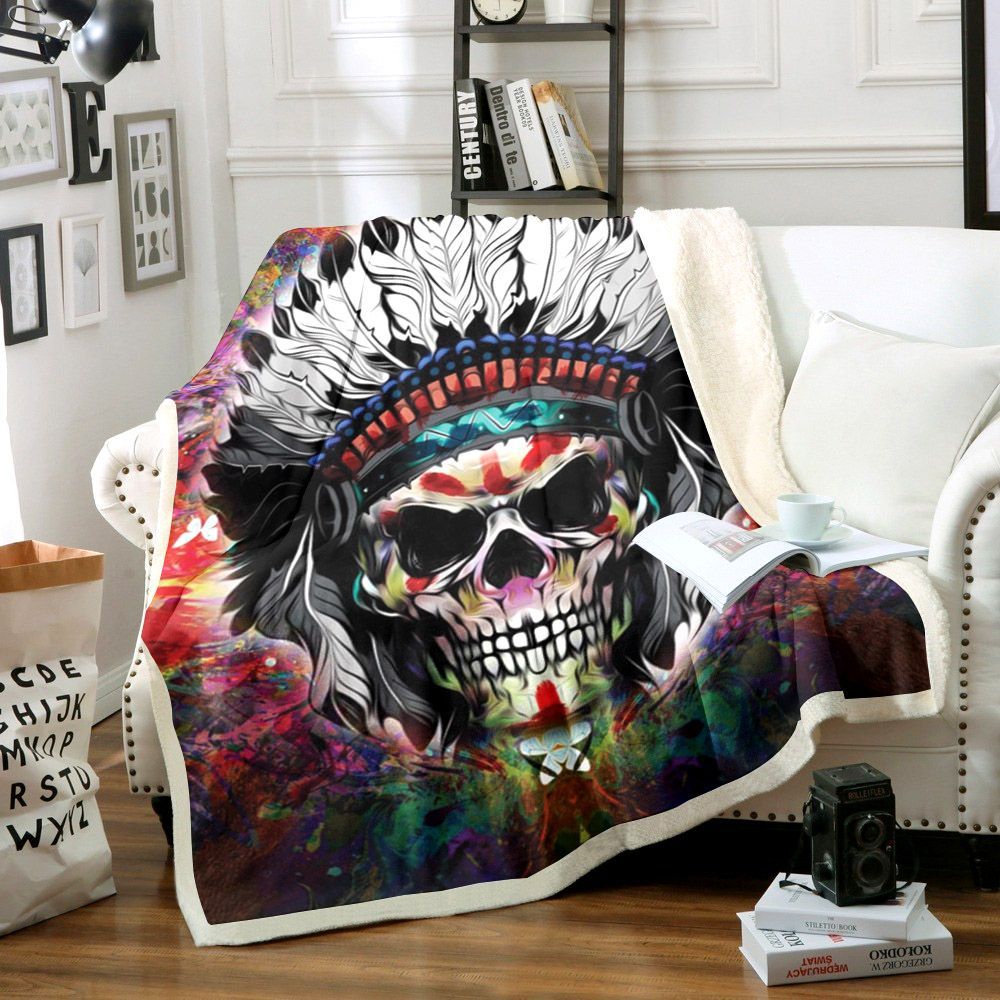 Skull Native American Sherpa Fleece Blanket