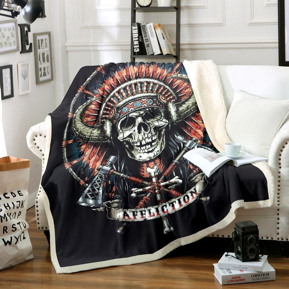 Skull Native American Sherpa Fleece Blanket