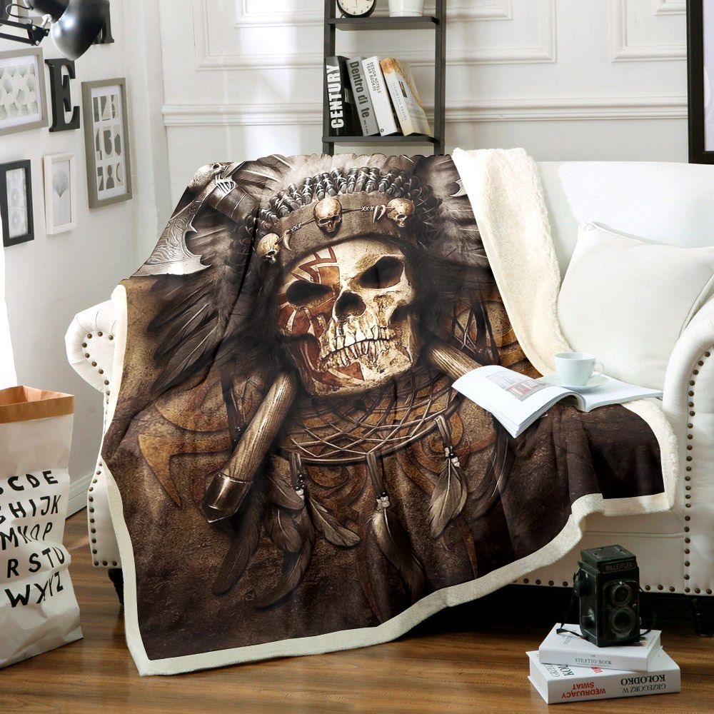 Skull Native American Sherpa Fleece Blanket