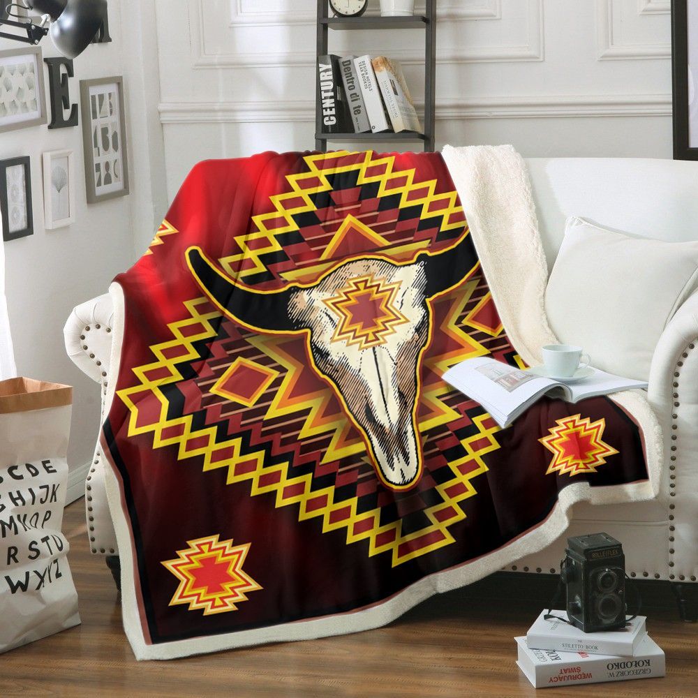 Skull Native American Sherpa Fleece Blanket