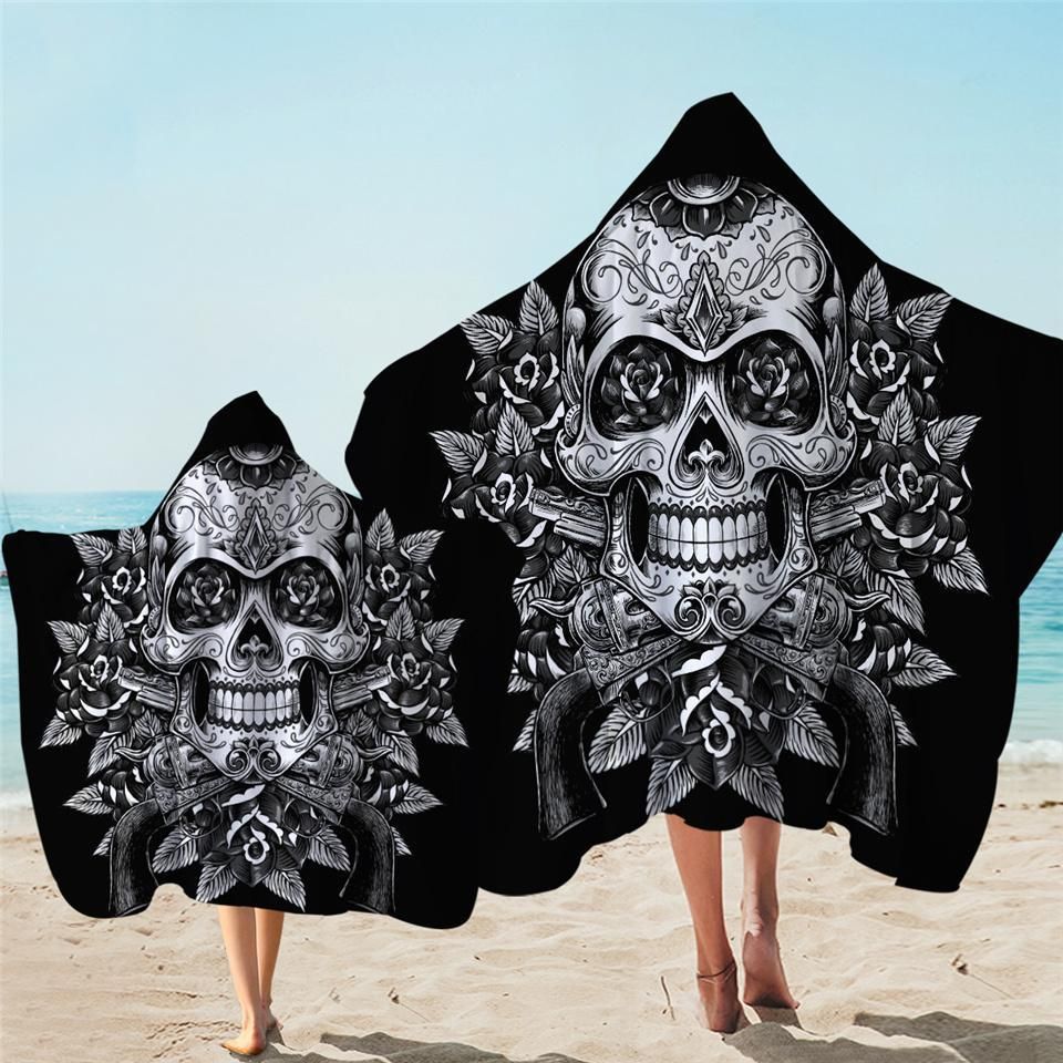 Skull On Roses Black And White Printed Hooded Towel