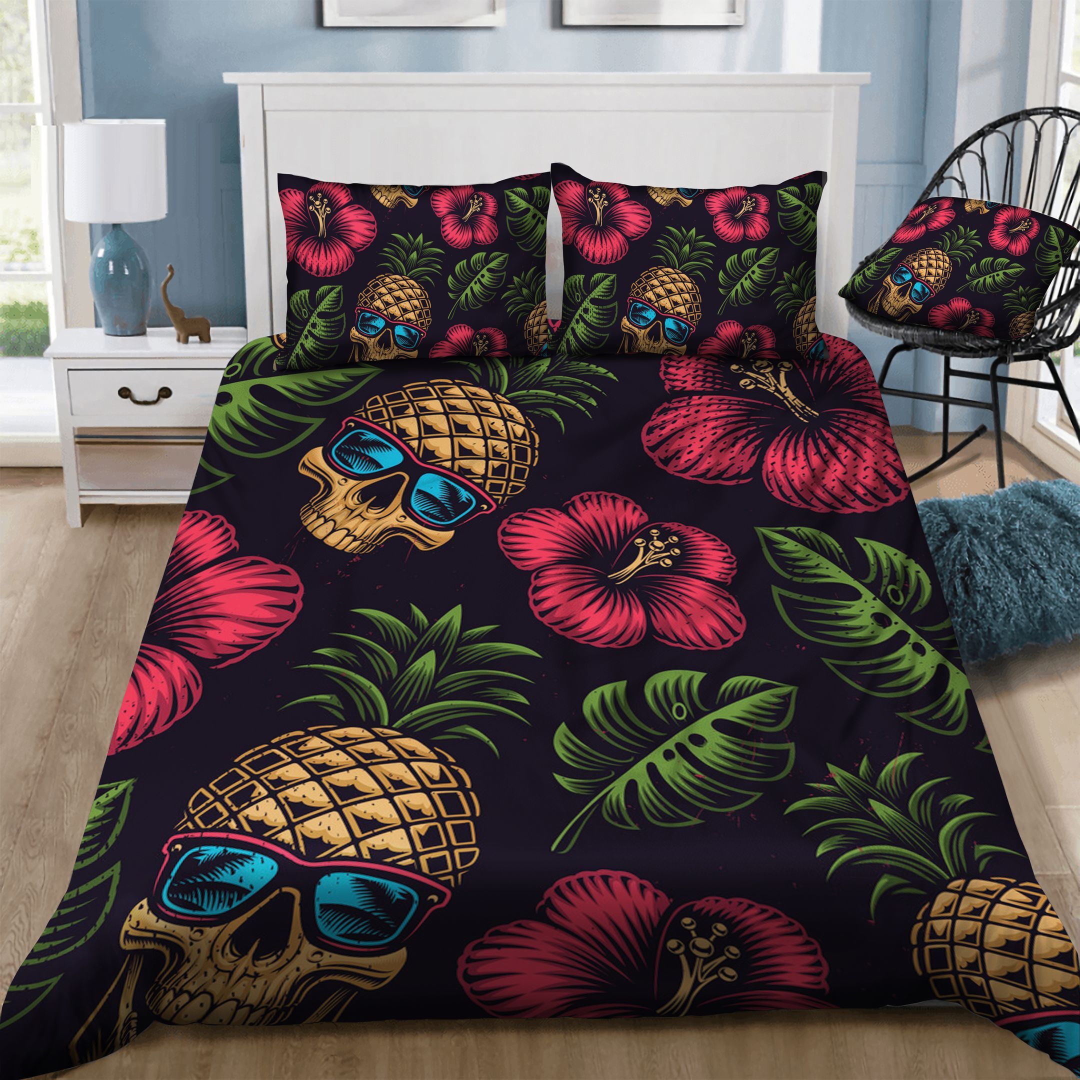 Skull Pineapple Flowers  Bedding Set