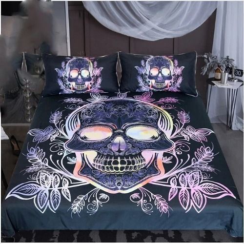 Skull Pink Purple Floral Bedding Set