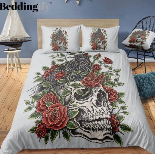 Skull Raven Red Rose Bedding Set