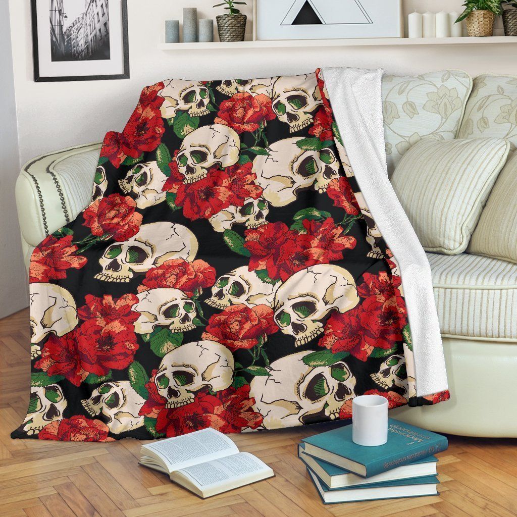 Skull Red Rose Black Soft Fleece Blanket
