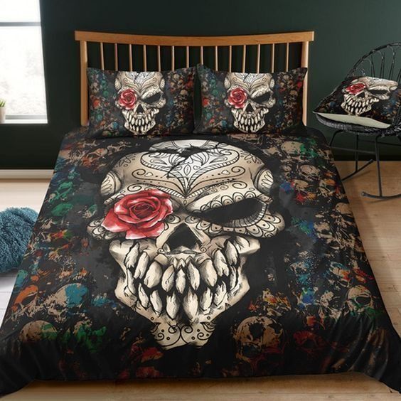 Skull Rose Cotton Bed Sheets Spread Comforter Bedding Set