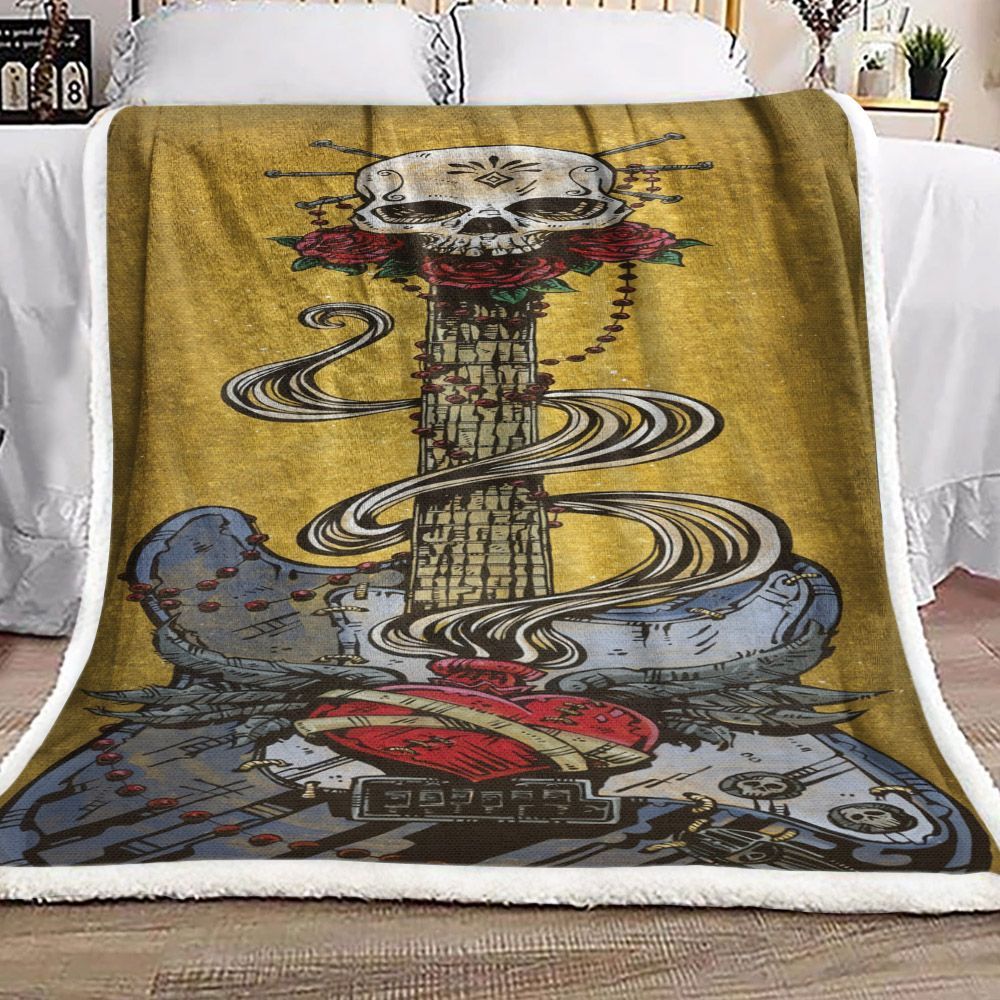 Skull Rose Electric Guitar Sherpa Fleece Blanket