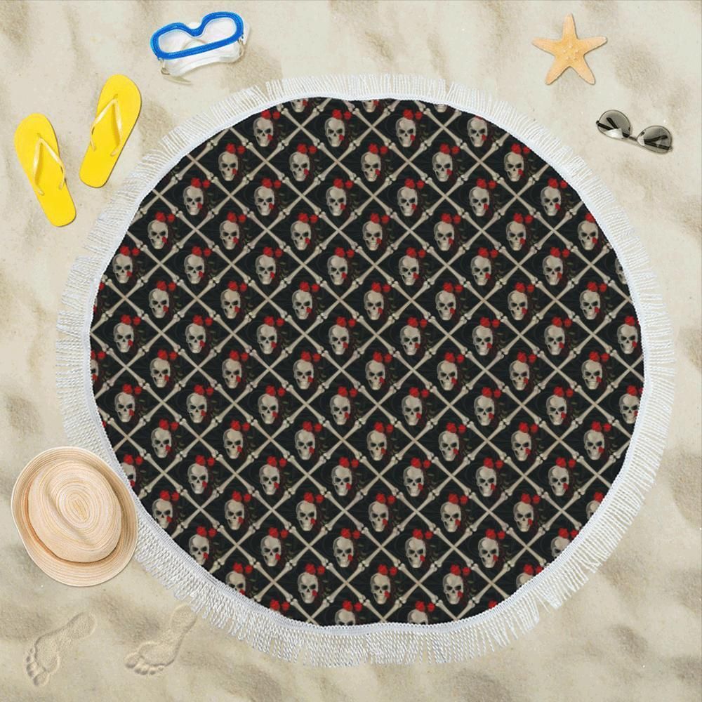 Skull Roses Bone Design Themed Print Round Beach Towel