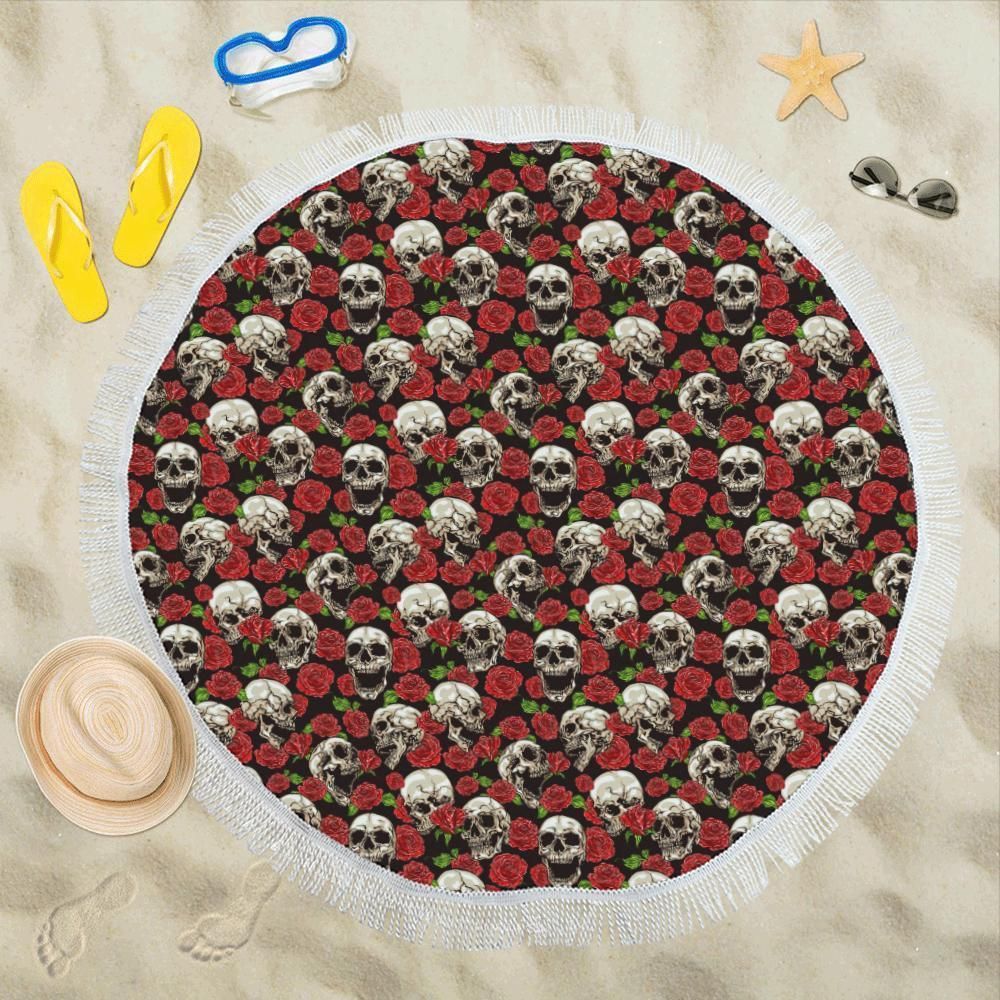 Skull Roses Design Themed Printed Round Beach Towel