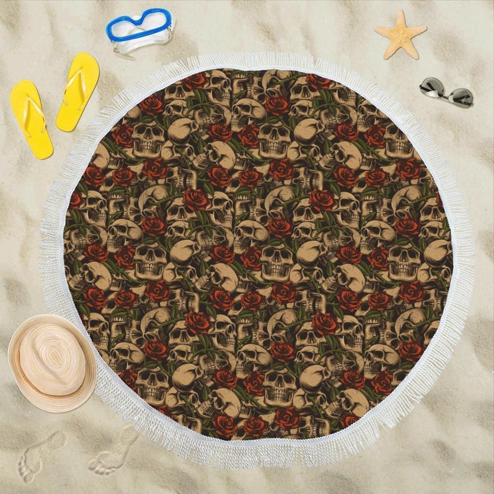 Skull Roses Vintage Design Themed Print Round Beach Towel