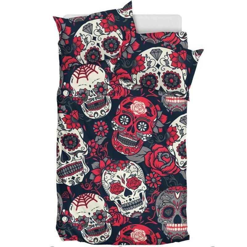 Skull Spiderweb Red Flower Bedding Set