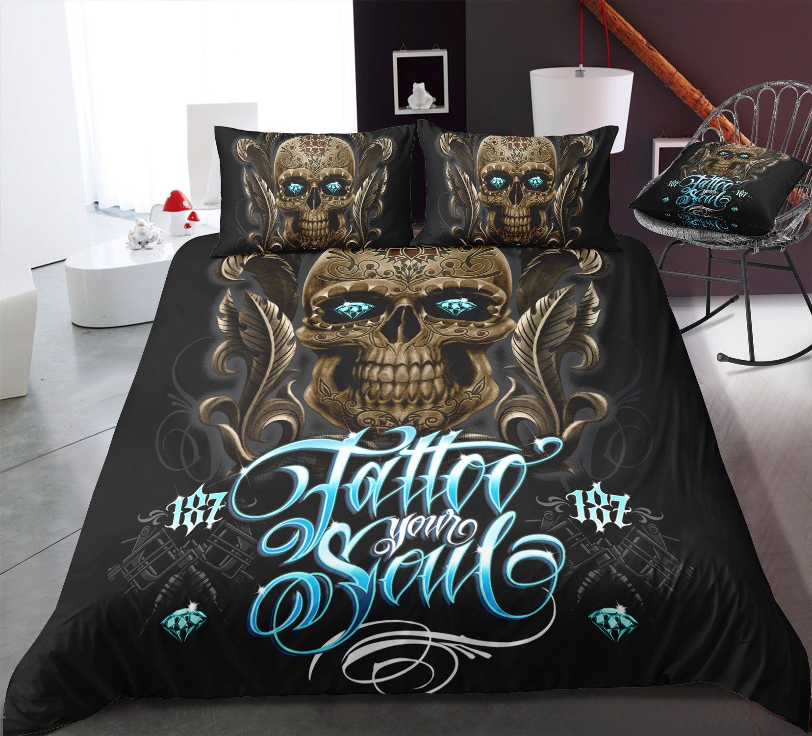 Skull Tattoo With Blue Eyes Bedding Set