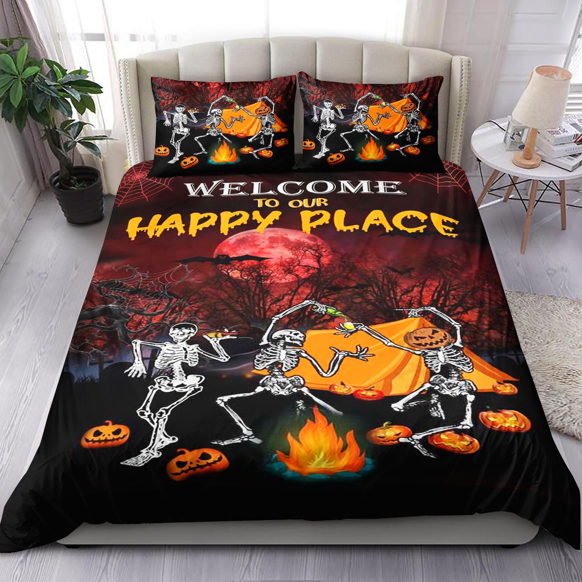 Skull Welcome To Our Happy Place Halloween Campfire Bedding Set