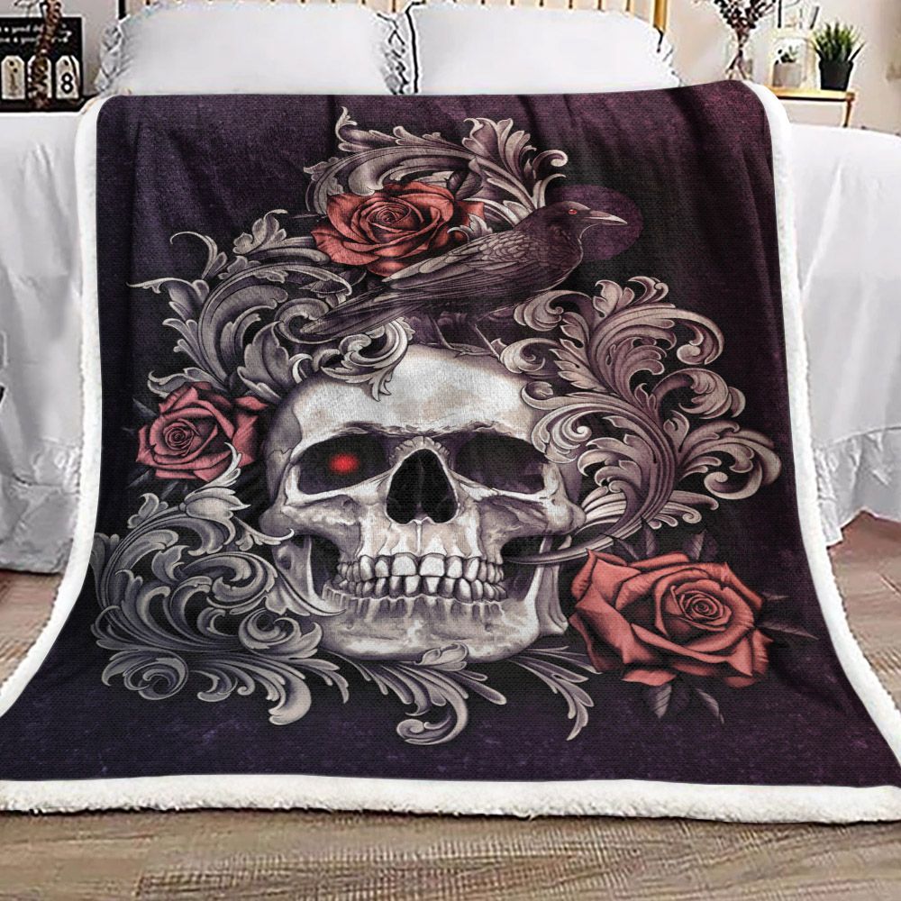 Skull With Crow Filigree Sherpa Fleece Blanket