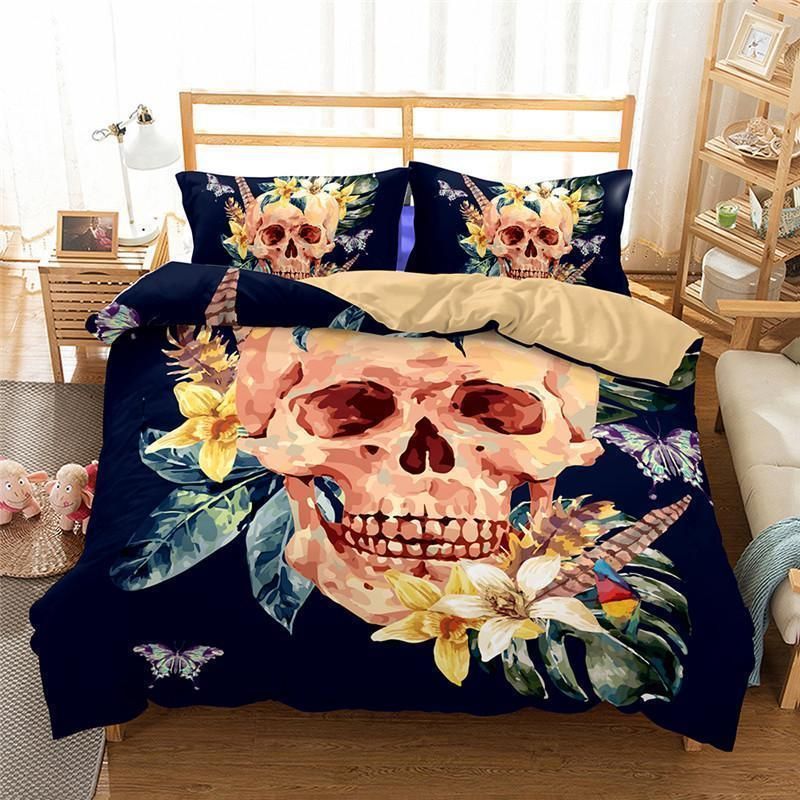 Skull With Flower Printed Bedding Set