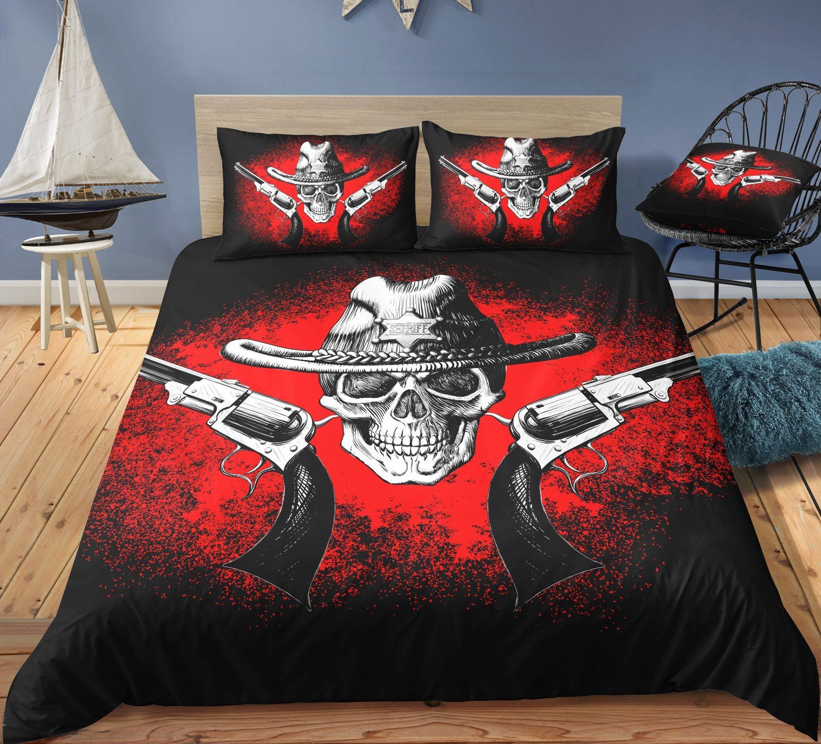 Skull With Guns Red Black Bedding Set
