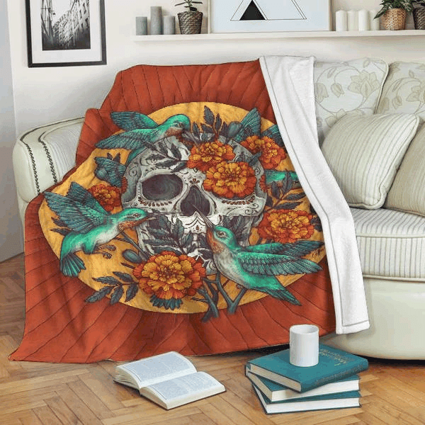 Skull With Hummingbird Sherpa Fleece Blanket