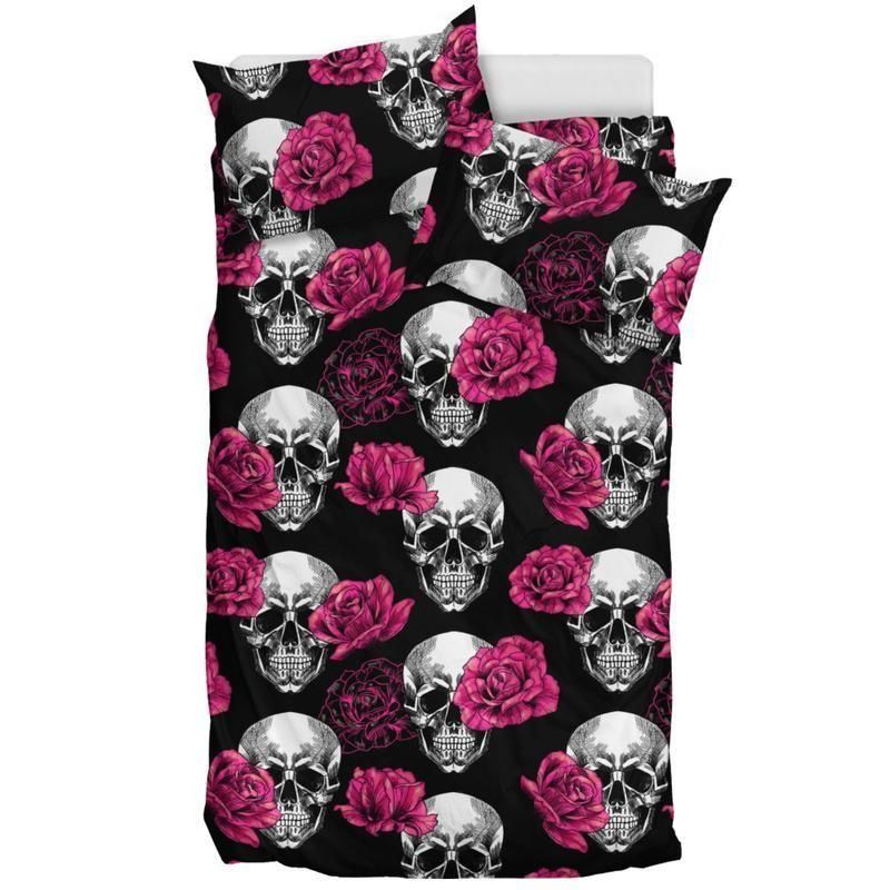 Skull With Pink Floral Bedding Set