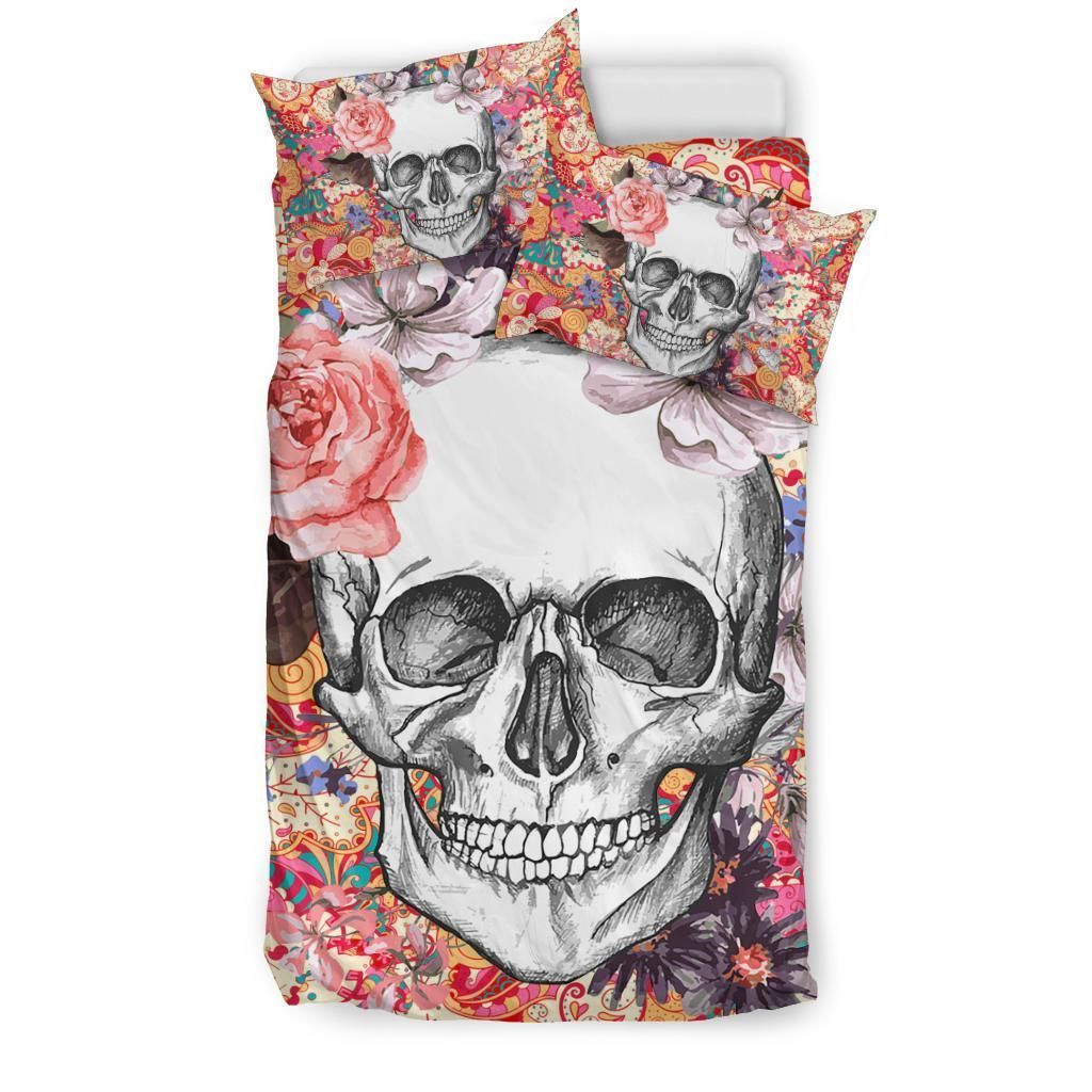Skull With Pink Rose Pattern Bedding Set