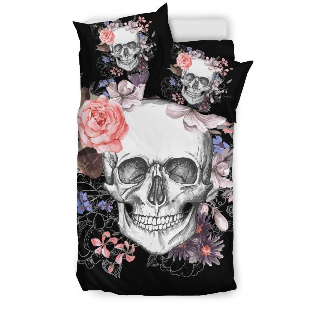 Skull With Rose Pattern Black Bedding Set