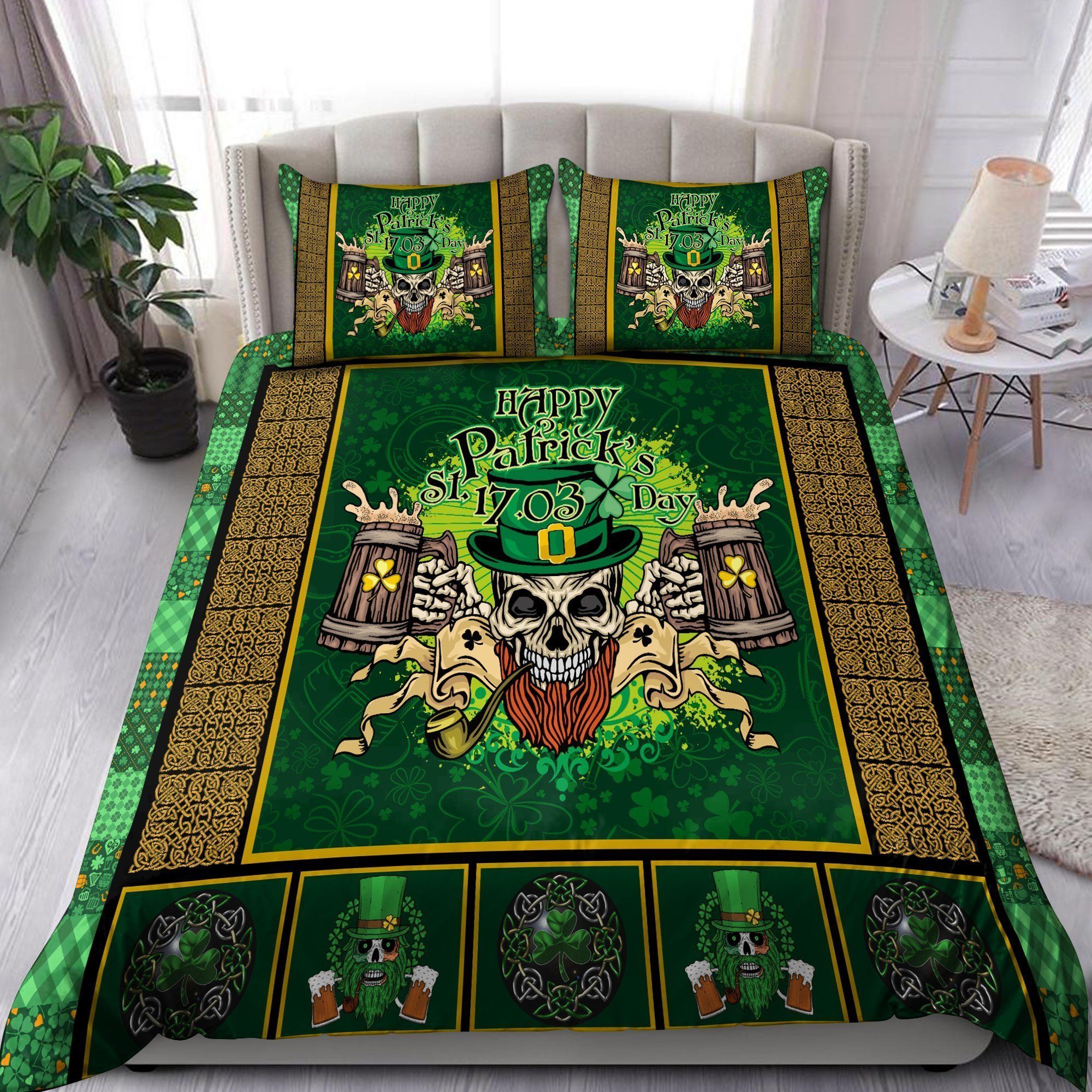 Skull With Top Hat Drink Beer St Patrick’s Day Bedding Set