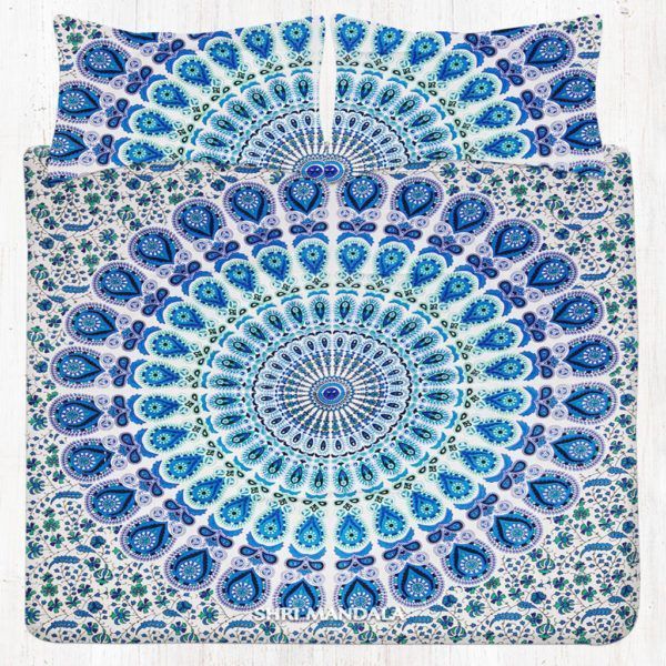 Sky Blue And Light Green Single Size Hippie Mandala Bedding Set