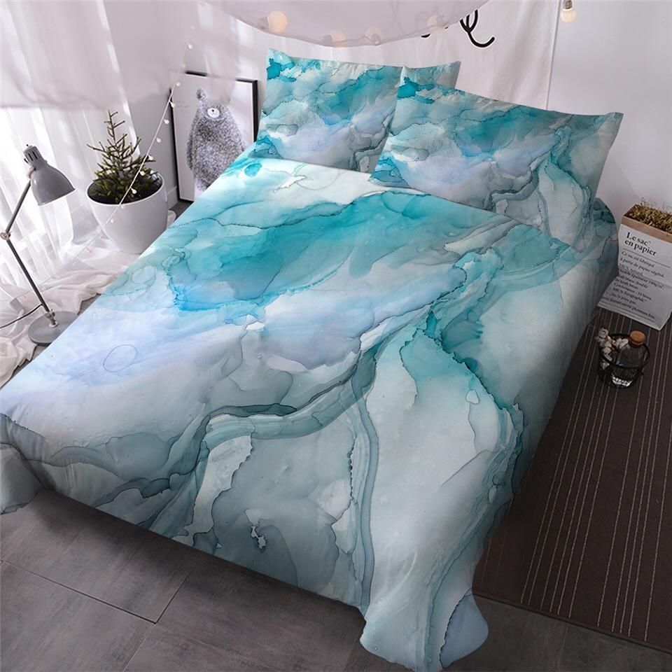 Sky Blue Grey Marbling Bedding Set