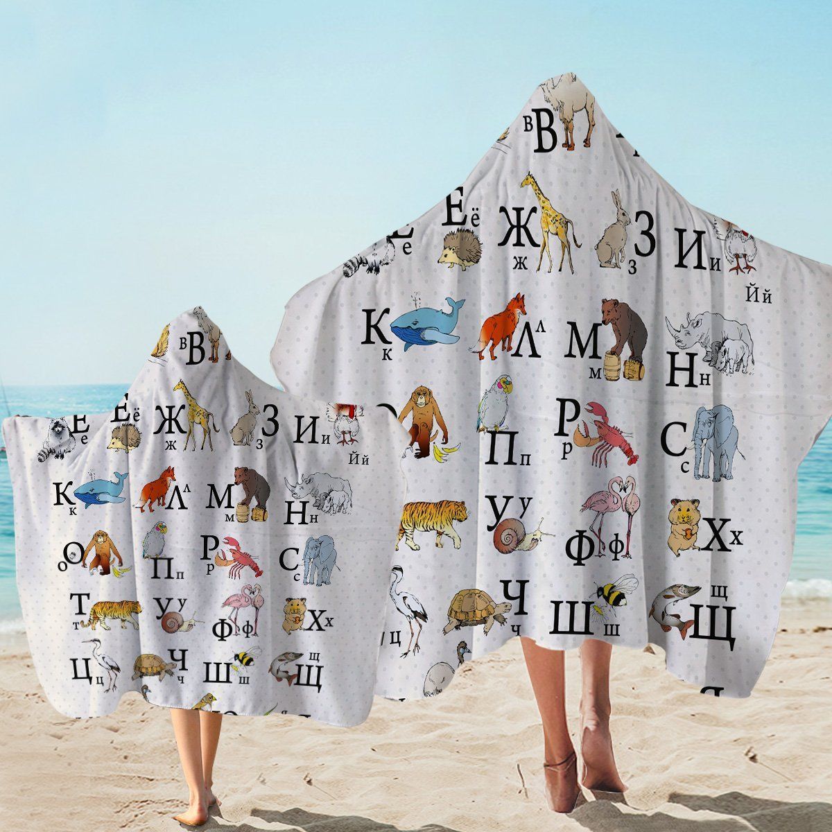 Slavic Alphabet White Pattern Printed Hooded Towel