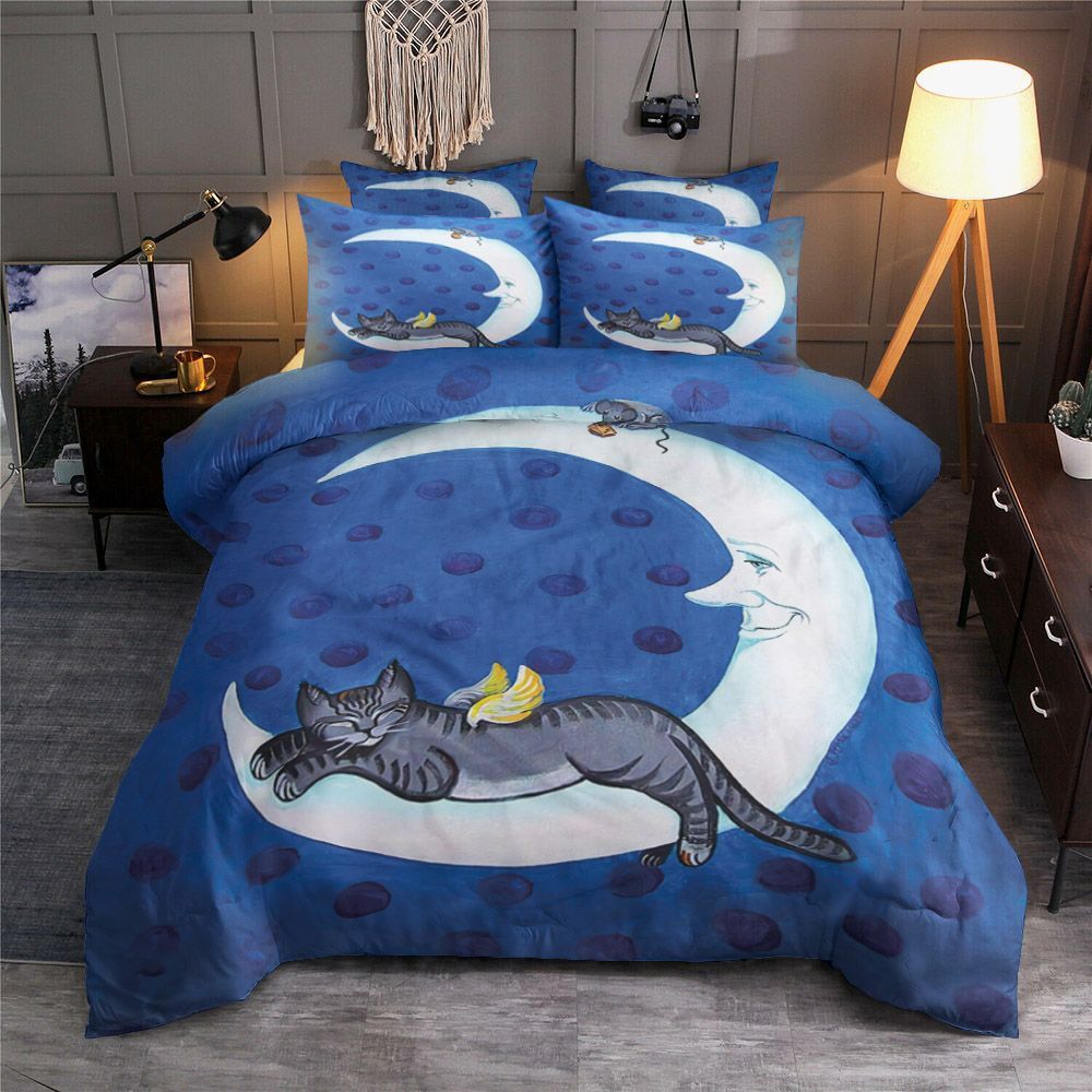 Sleeping Angel Cat On Crescent Moon Bedding Set