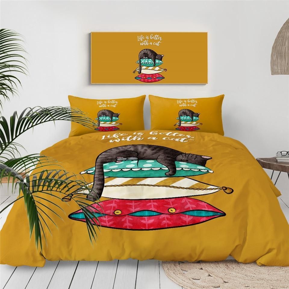 Sleeping Cat Dark Yellow Bedding Set