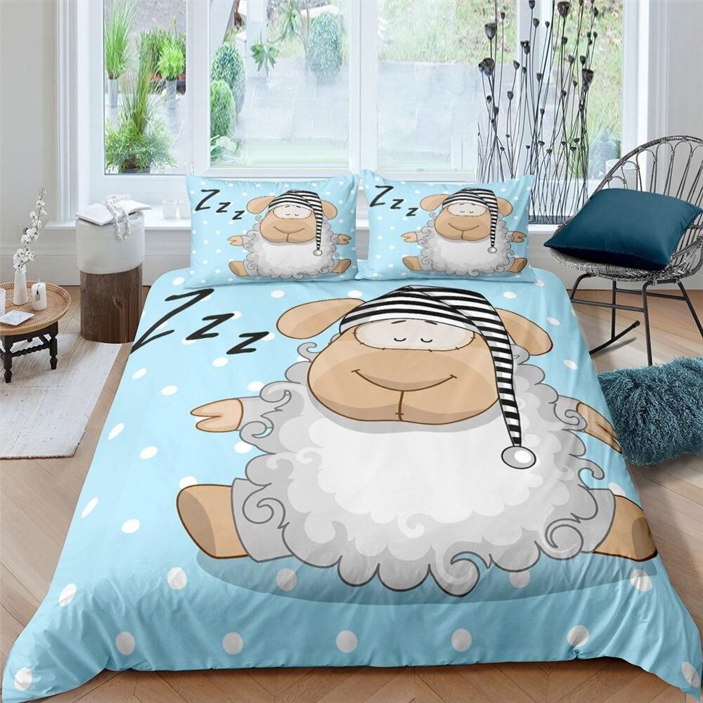 Sleeping Sheep White Dots On Pastel Blue Bedding Set
