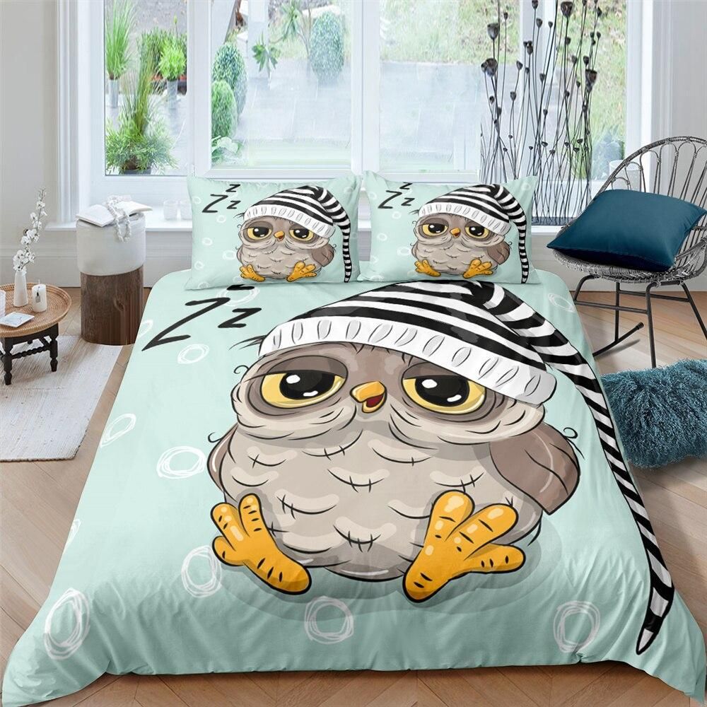 Sleepy Owl Pastel Blue Bedding Set