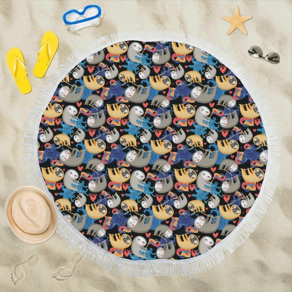 Sloth Cartoon Design Themed Print Round Beach Towel
