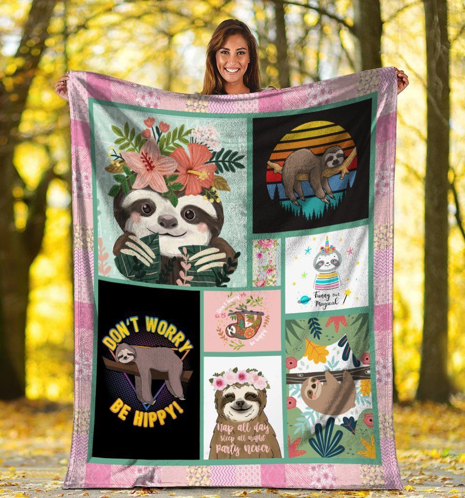 Sloth Don’t Worry Be Hippy Tropical Flower Sherpa Fleece Blanket
