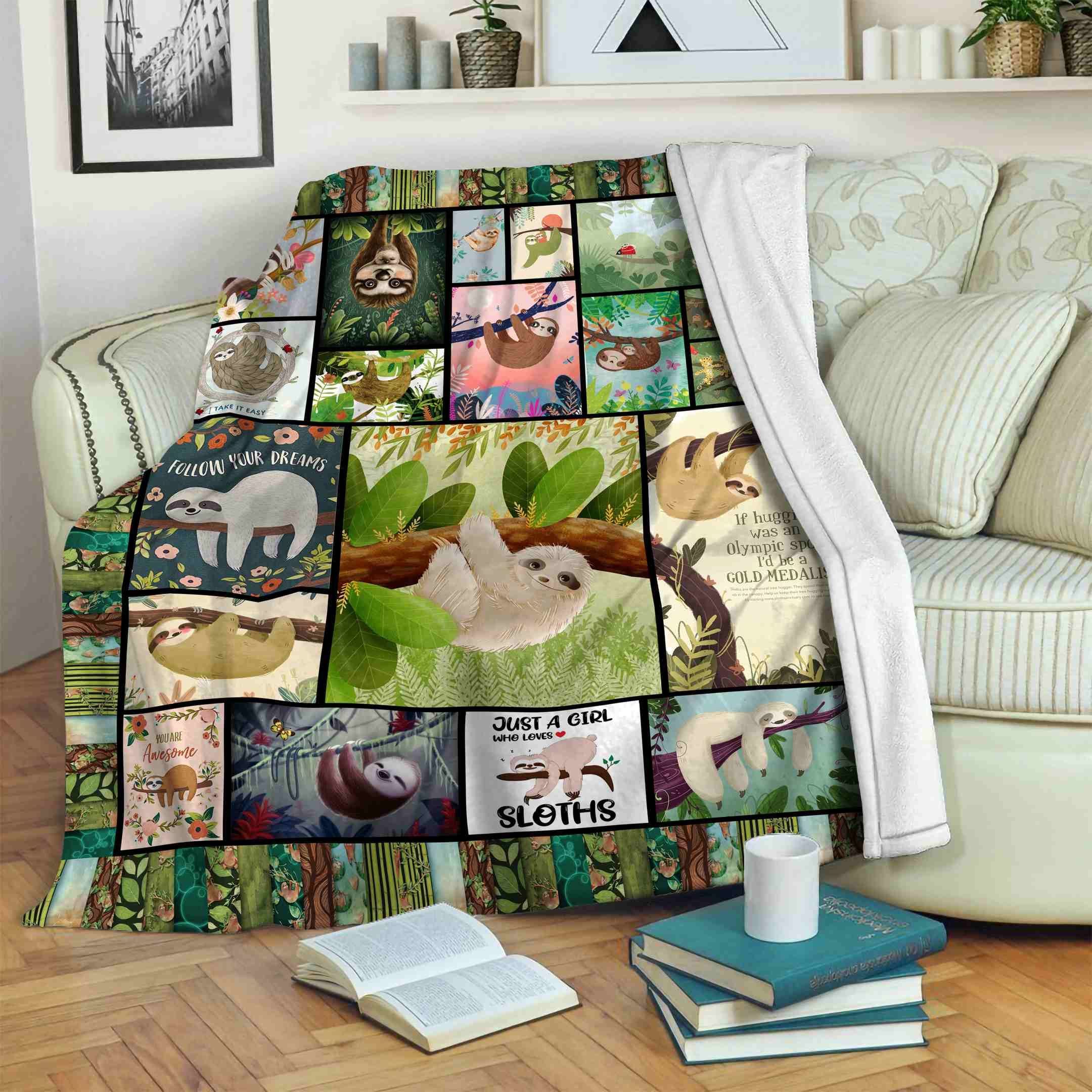 Sloth Green Tree Sherpa Fleece Blanket