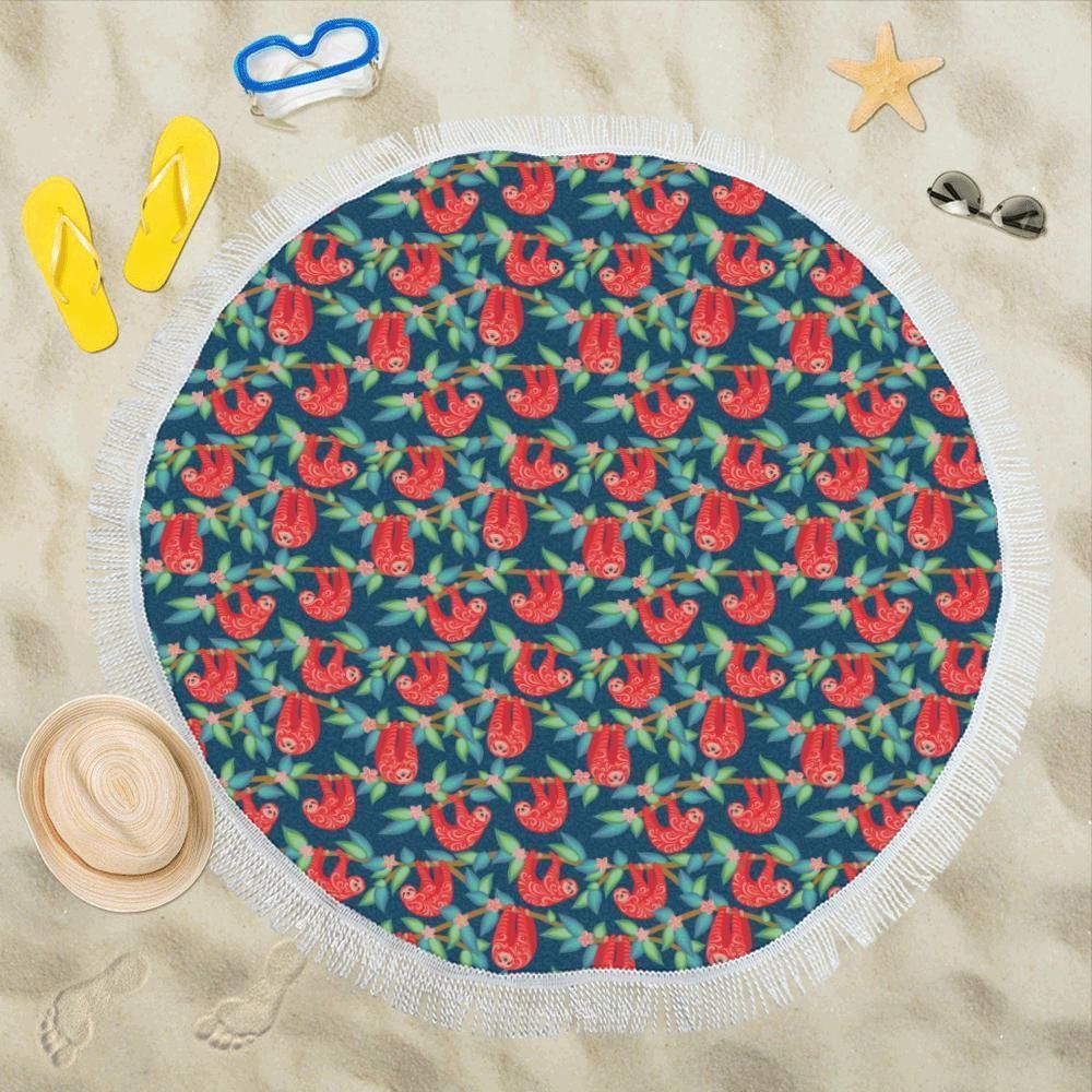 Sloth Red Design Themed Print Round Beach Towel